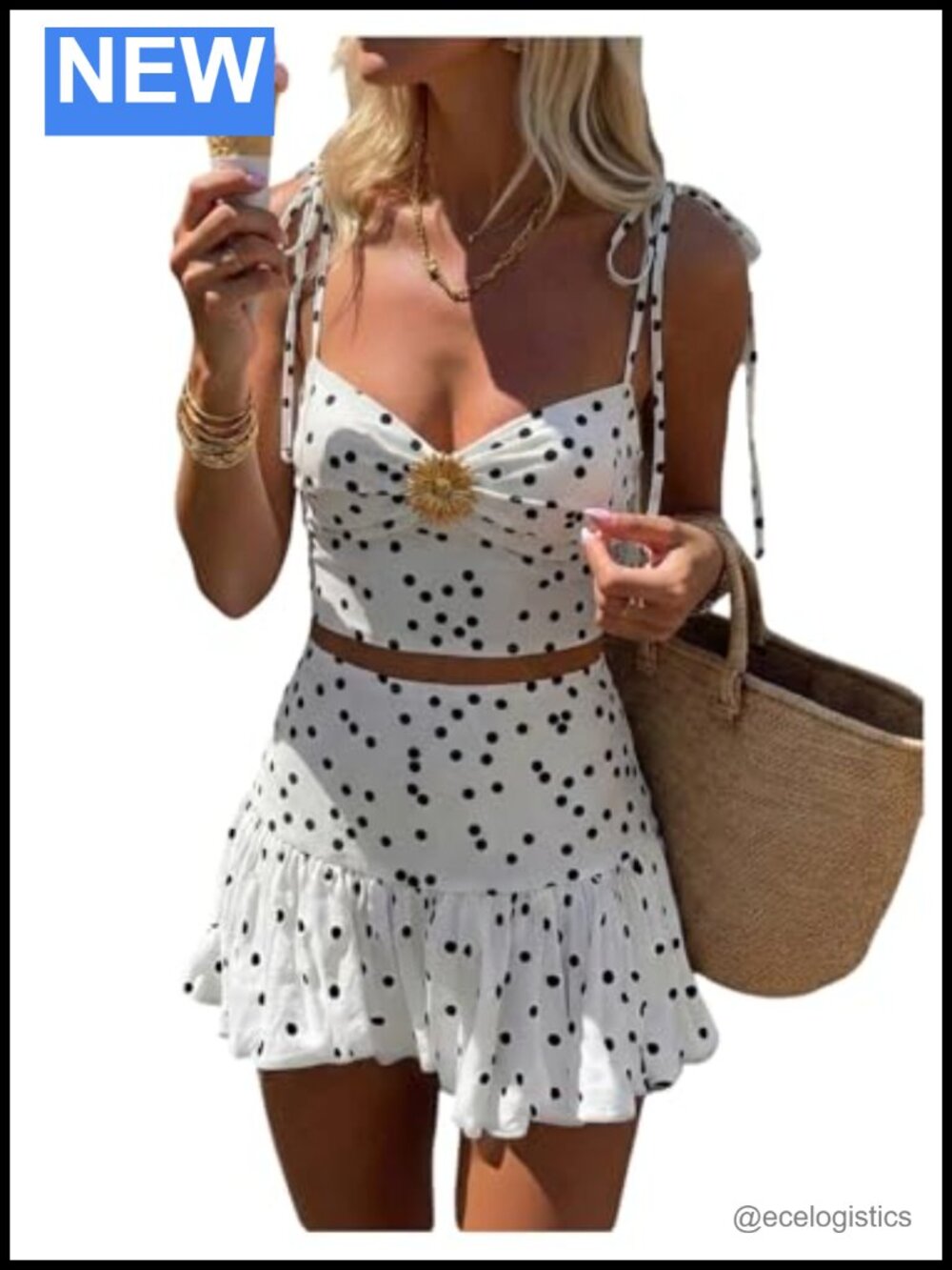 Two Piece Skirt Set Polka Dots Tie Shoulder Crop Camisole Ruffle Skirt